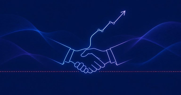 Aperto de mãos entre indústria e parceiro comercial sustentado por uma base de dados compartilhada, representando um Joint Business Plan