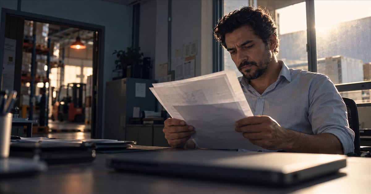Profissional de vendas lendo relatórios impressos com o notebook fechado na mesa, sem abrir a ferramenta de dados