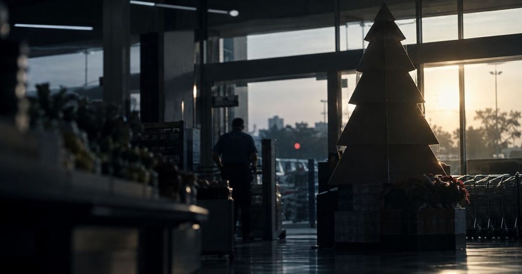 Estrutura sazonal de papelão montada na entrada de um supermercado ao entardecer, exemplo de execução de trade marketing