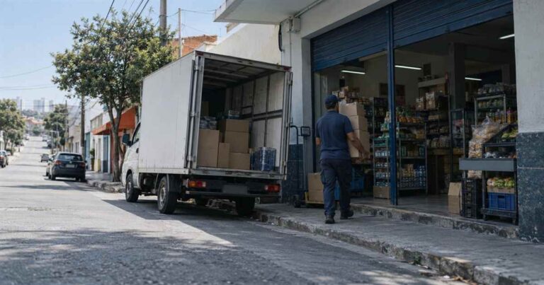 Canal direto e indireto: entregador de distribuidor levando caixas para um mercadinho de bairro