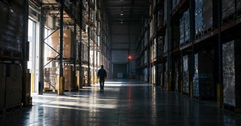 Canal indireto de vendas: armazém de distribuidor com metade das estantes iluminadas e metade na sombra