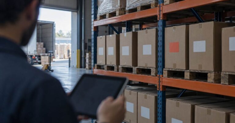 De-para de produto: analista conferindo caixas iguais com etiquetas diferentes na prateleira de um distribuidor