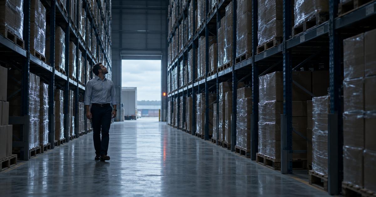 Efeito chicote no canal indireto: gerente comercial caminha entre estantes cheias no armazém de um distribuidor